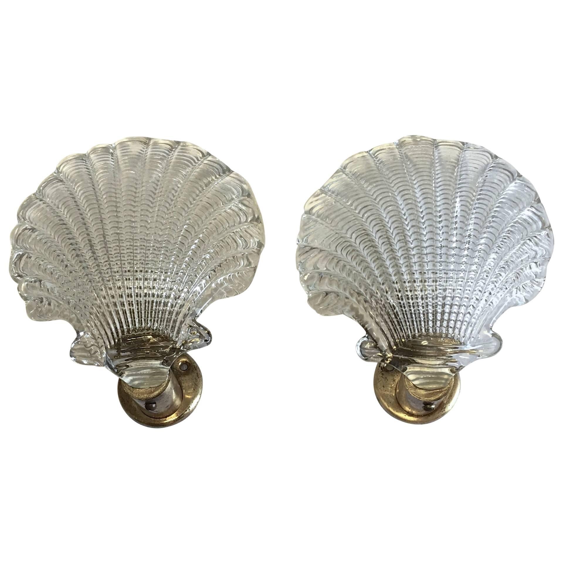 Pair of Brass and Glass Seguso Seashell Wall Lights For Sale