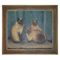 Vintage Naive Painting of Siamese Cats, Chesterton, 1955