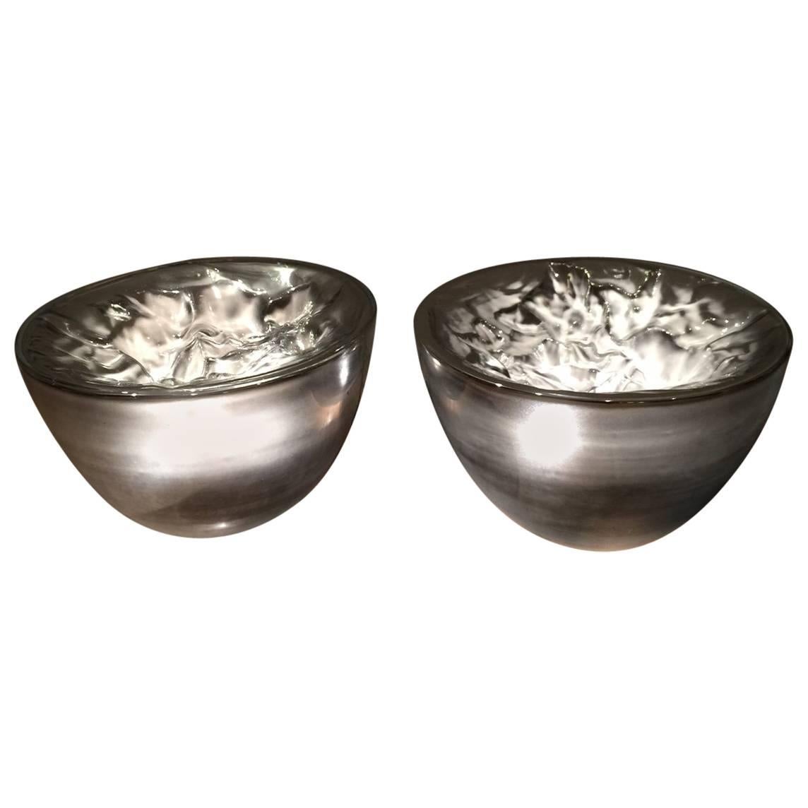 Carlo Nason Monumental Pair of Silver Glass Bowls Lamps For Sale