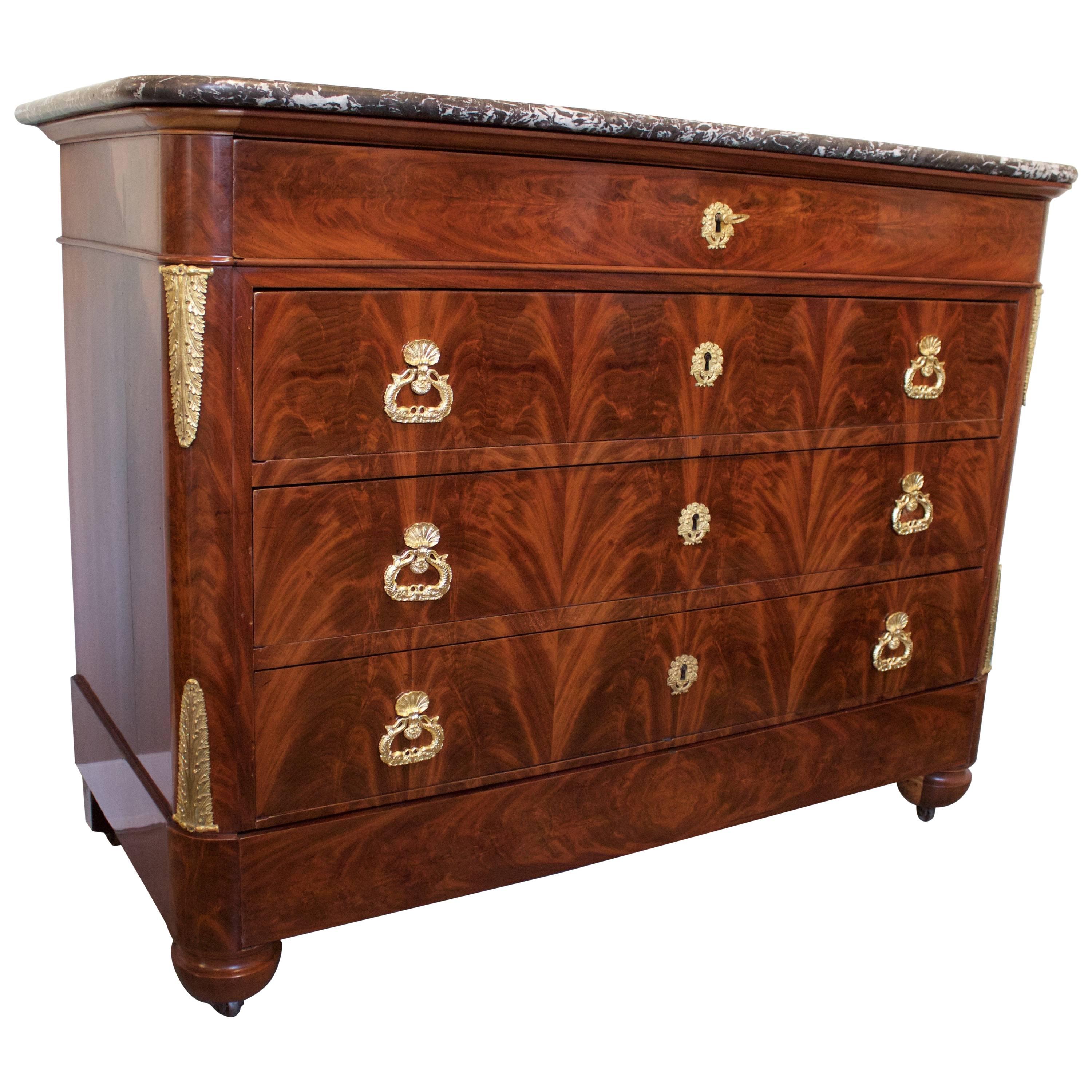 French Louis XVII Period Chest in Flame Mahogany and Marble-Top For Sale