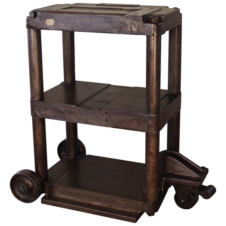 Steel Table Rolling Cart Vintage Three Tier Factory Cast Steel Table Rolling Cart Vintage Three Tier Factory Cast Iron For