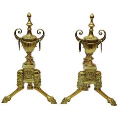 Pair of Neoclassical Style Gilt Brass Andirons with Urn Finials