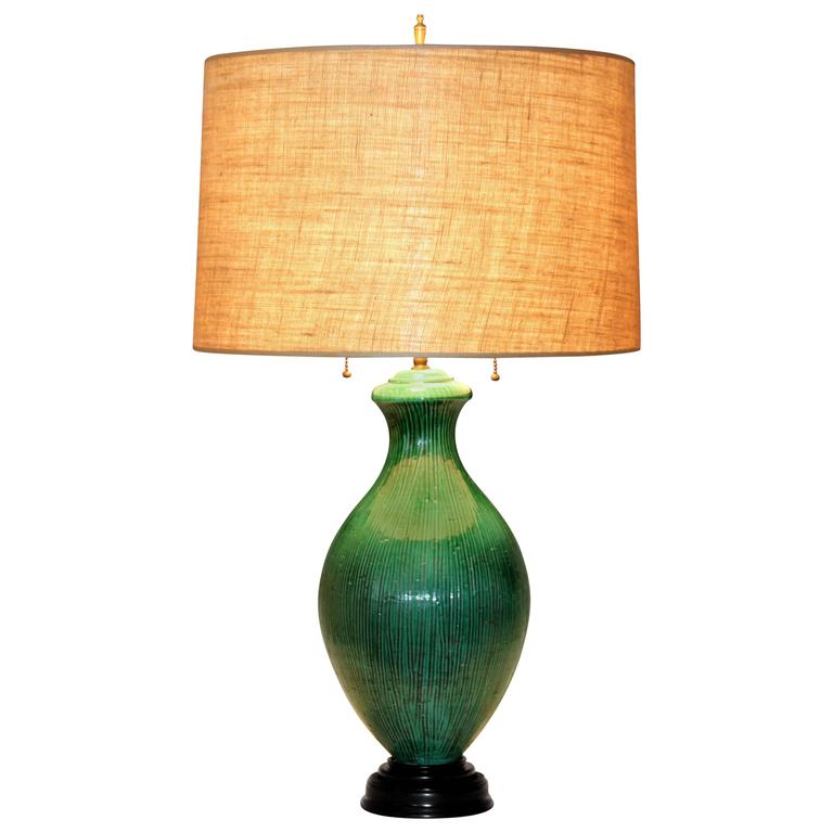 Vintage Zaccagnini Italian Combed Green Pottery Large Raymor Lamp at