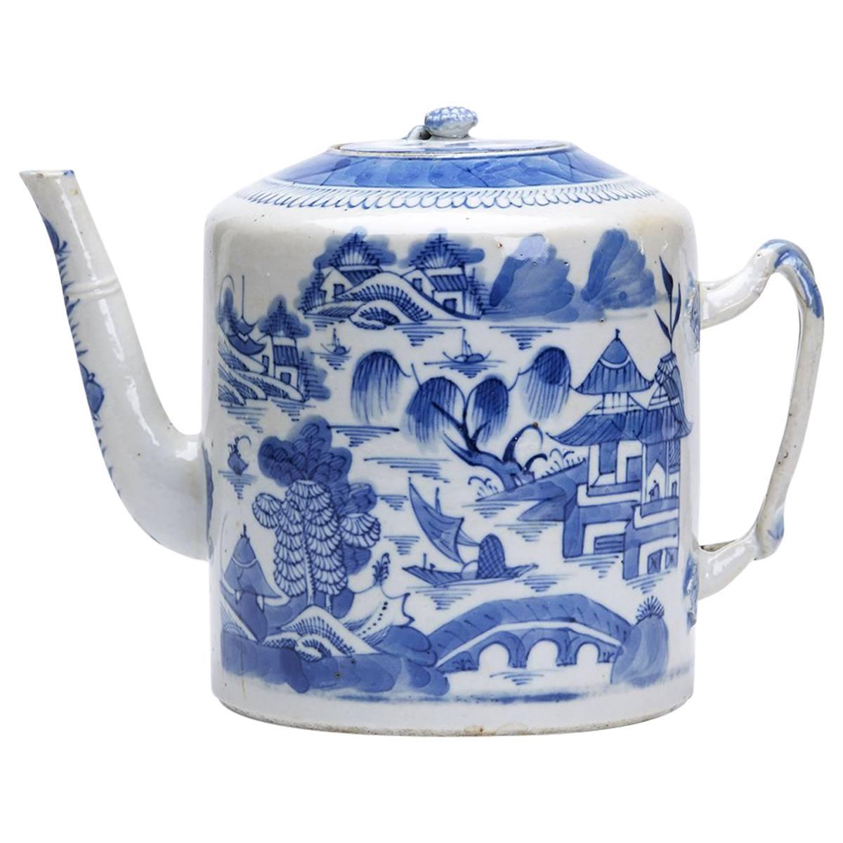 Chinese Qing Blue and White Hand-Painted Teapot 18th-19th Century