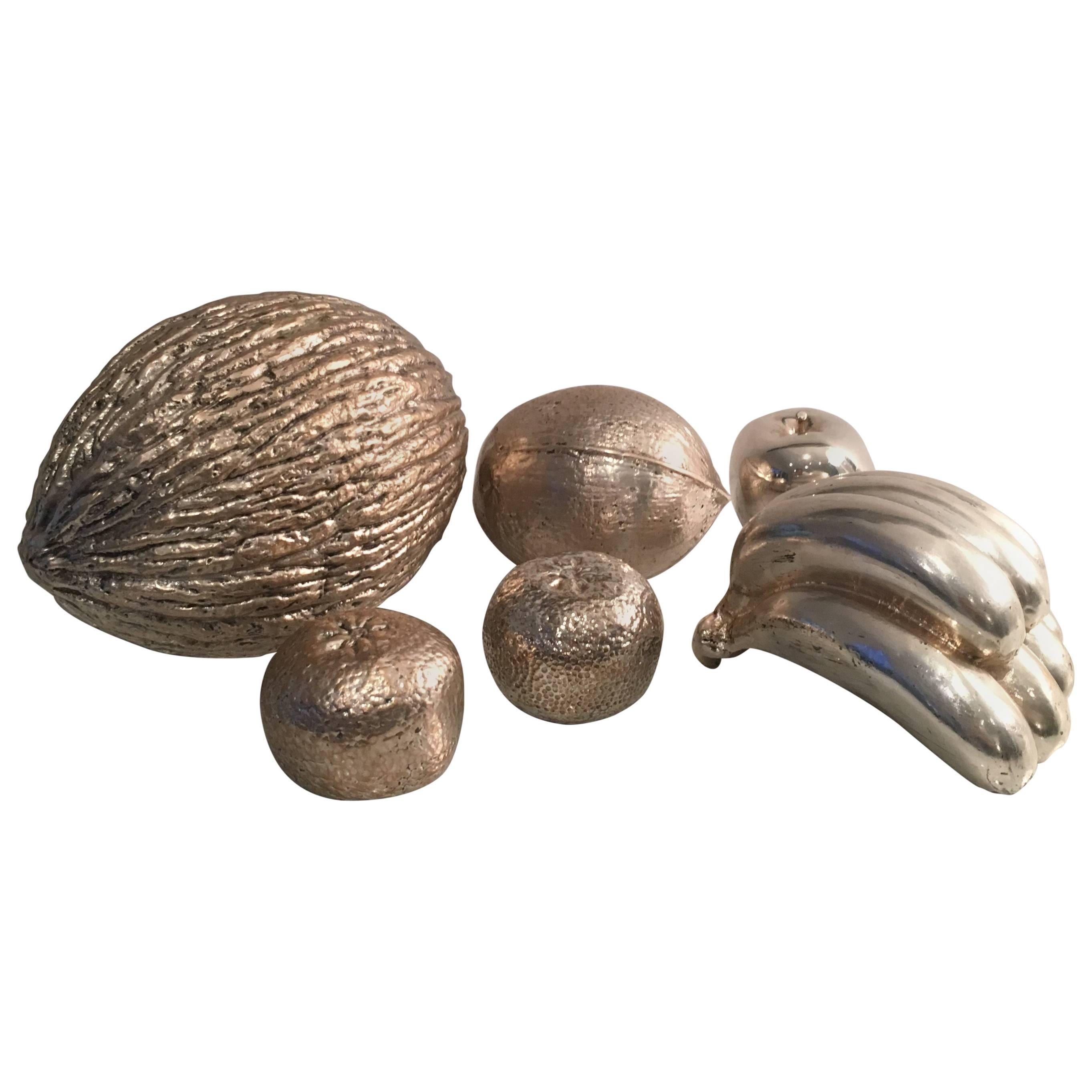 Decorative Set of Fruits, Silvered Metal, Italy, circa 1950 For Sale