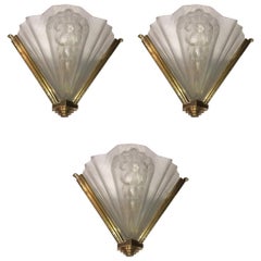Set of Three French Art Deco Signed Atelier Petitot Ribbed Wall Sconces