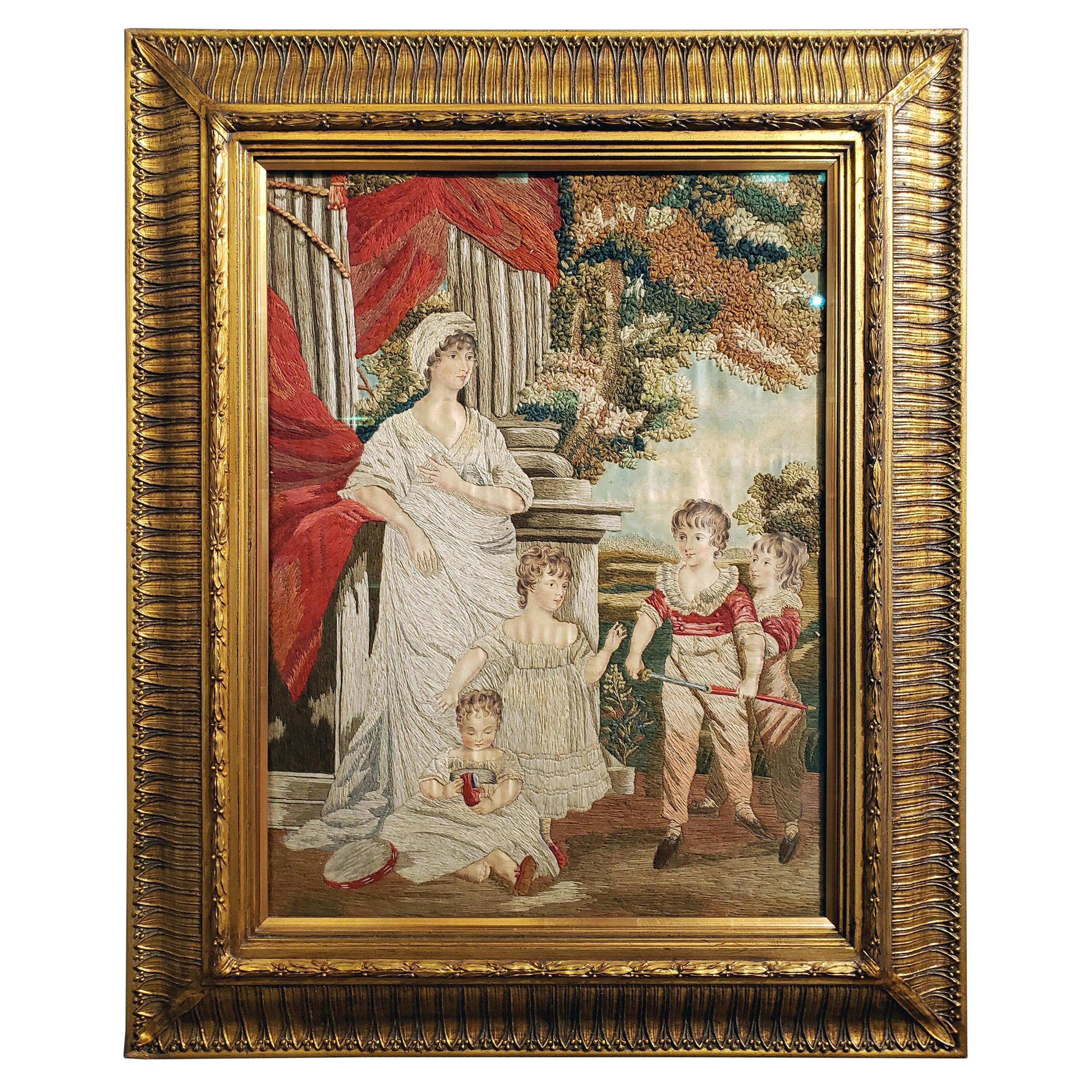 Regency Silk and Wool Picture of Mother and Her Children, after John Hoppner RA For Sale