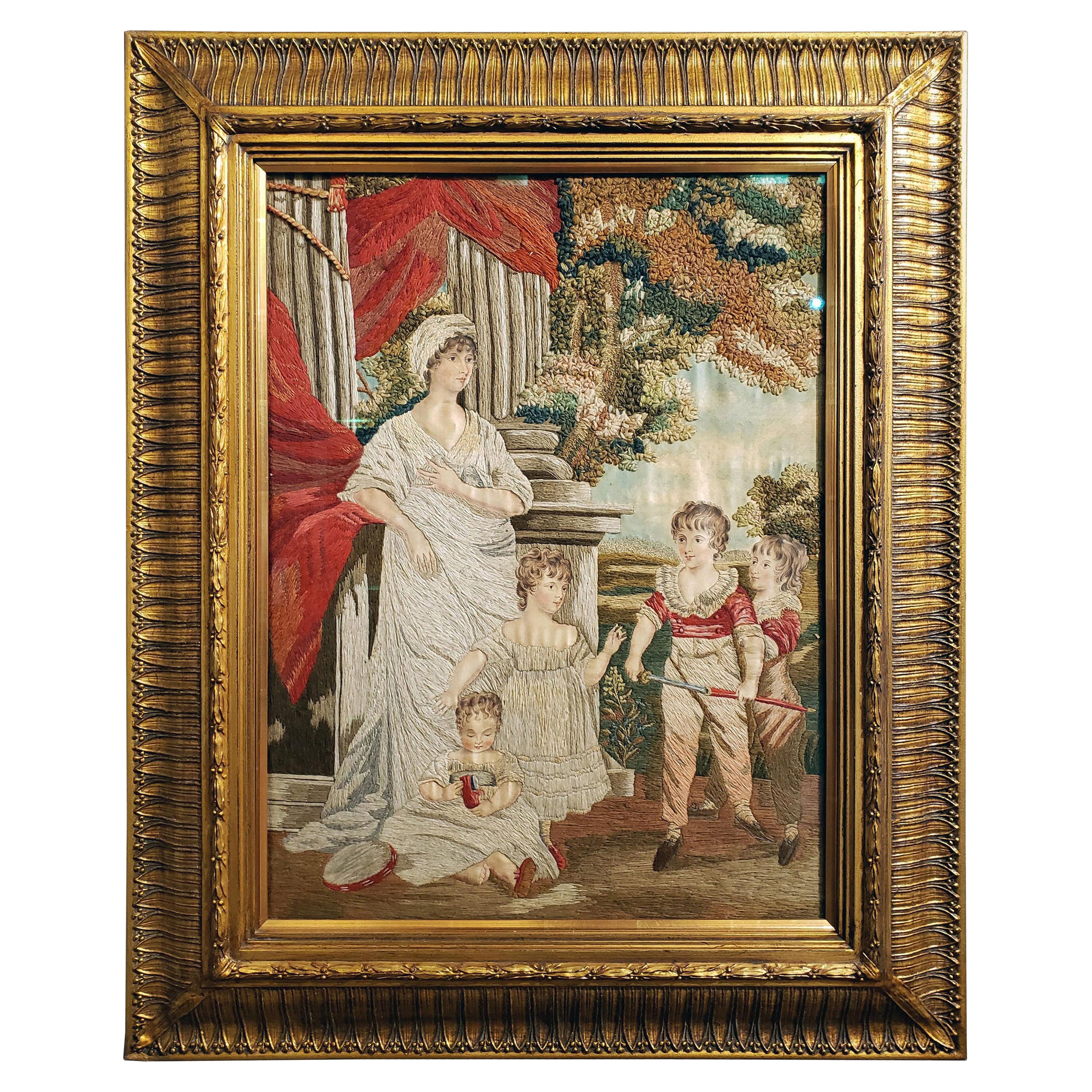 Cuadro de seda y lana de la Regencia de una madre con sus hijos, según John Hoppner RA