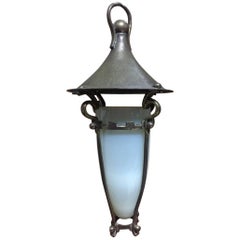 Arts & Crafts Copper & Brass Conical Lantern With Vaseline/Uranium Glass Shade.