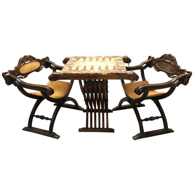 Pair Of Savonarola Chairs And Slatted Folding Table With Onyx Pair Of Savonarola Chairs And Slatted Folding Table With Onyx Backgammon Board For