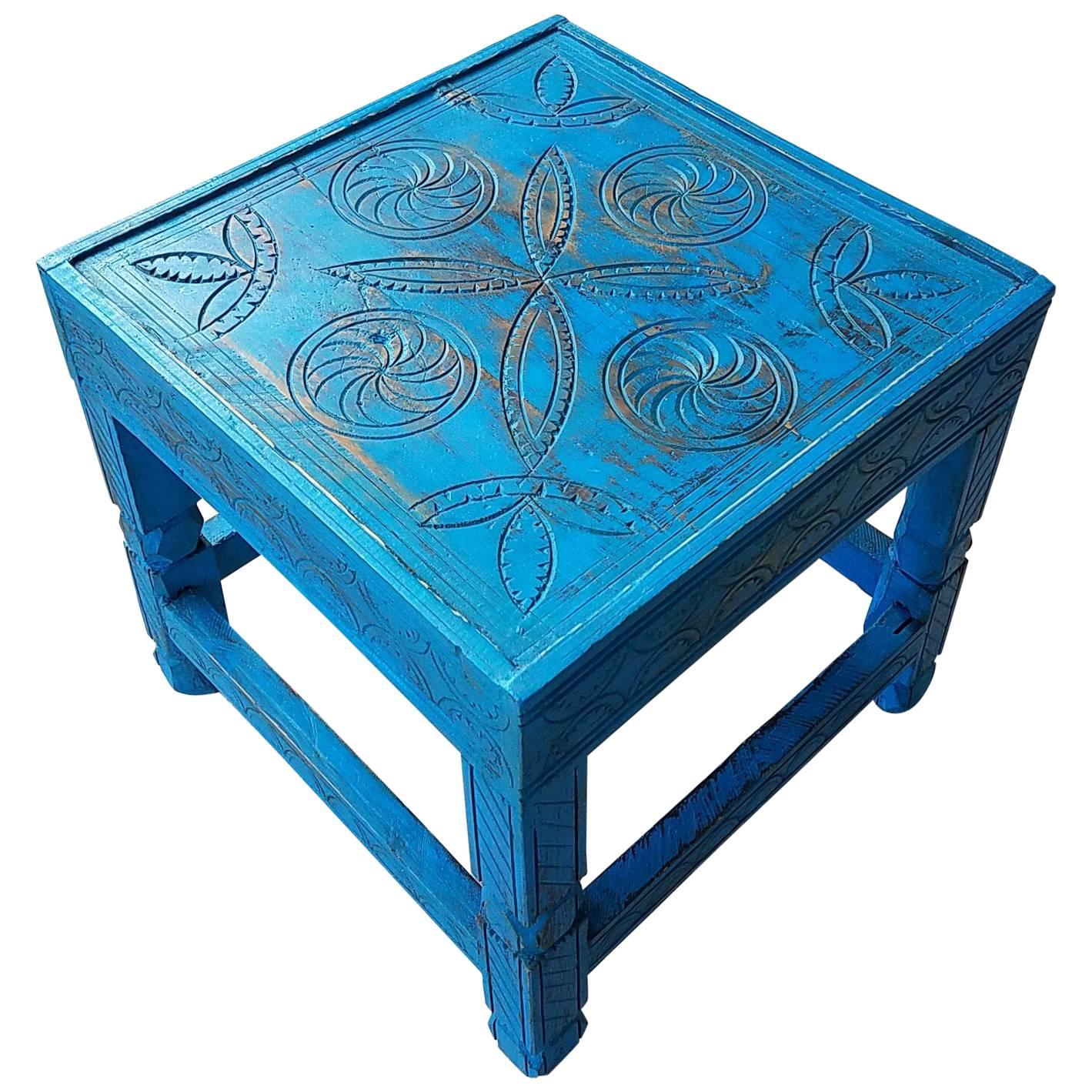 Moroccan Aged Cedar Wood Side Table, Dark Turquoise For Sale