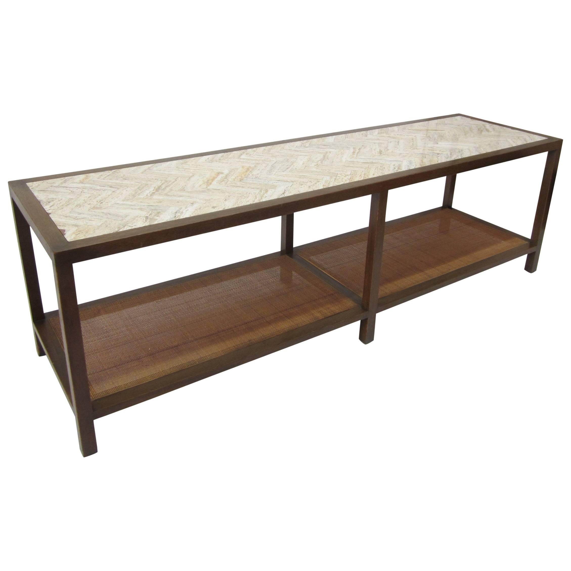 Harvey Probber Chevron Travertine and Cane Cocktail Table/ Bench  For Sale