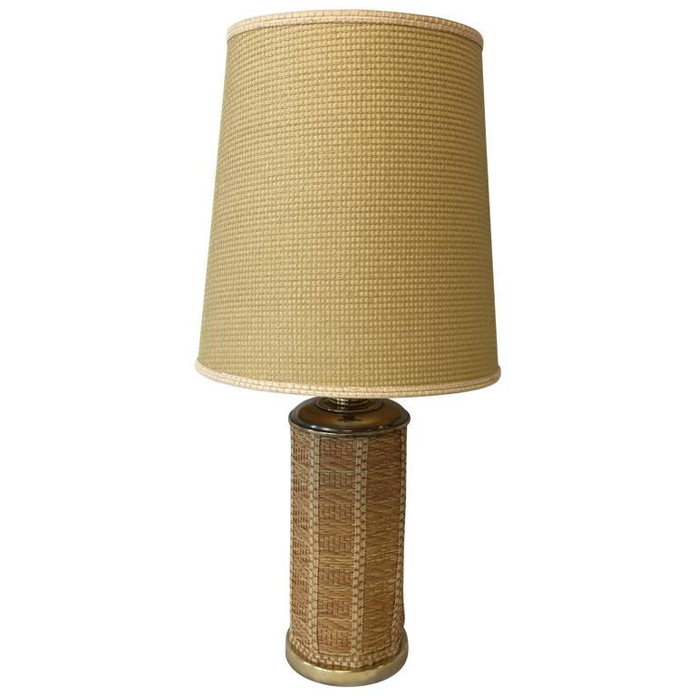 MidCentury Modern Large Rattan and Brass Table Lamp with Rattan Shade