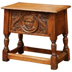 19th Century French Louis XIII Carved Oak Stool with Storage Compartment