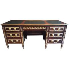 Heavy Carved French Desk with Heavy Bronze Ormolu and Leather Top