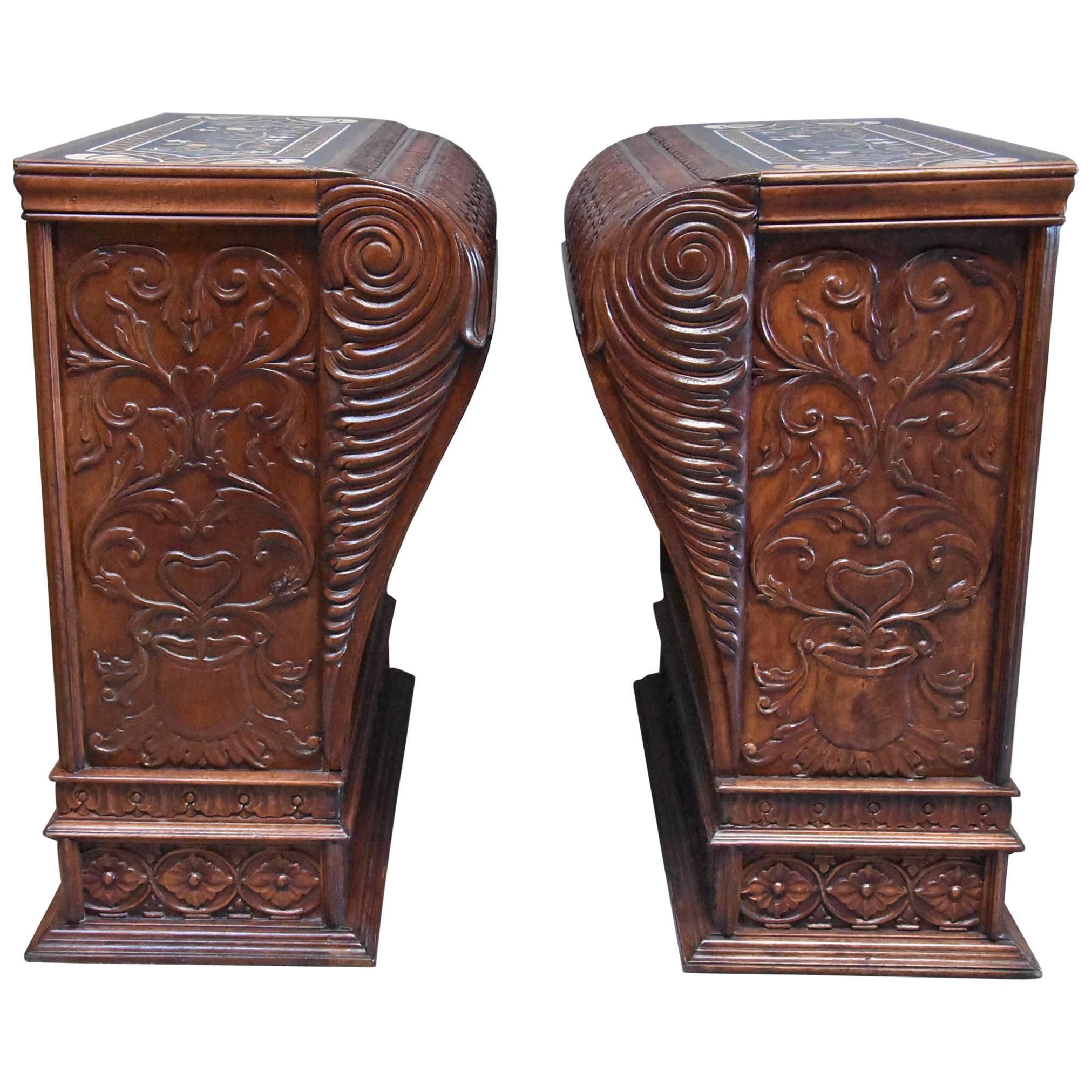 Large Pair of Late 19thc Walnut Pedestals with Pietre Dure marble tops