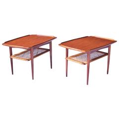 Vintage Pair of Poul Jensen Figured Teak and Cane Side Tables for Selig, 1960s