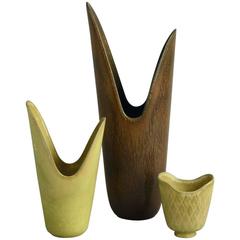 Three Vases with Brown and Yellow Glazes by Gunnar Nylund for Rorstrand, 1960s