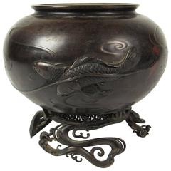 19th Century Japanese Bronze Censor with Koi and Water Design 10