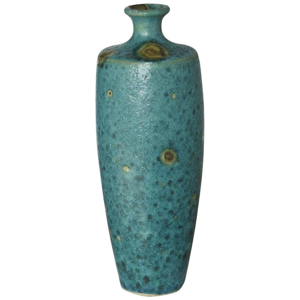 Large Italian Modern Turquoise Blue Ceramic Vase in the Style of Guido Gambone For Sale