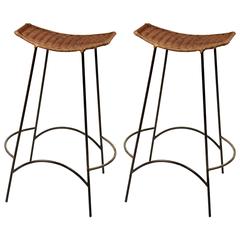 Two Arthur Umanoff Classic Wicker and Steel Rod Stool, 1950s, USA