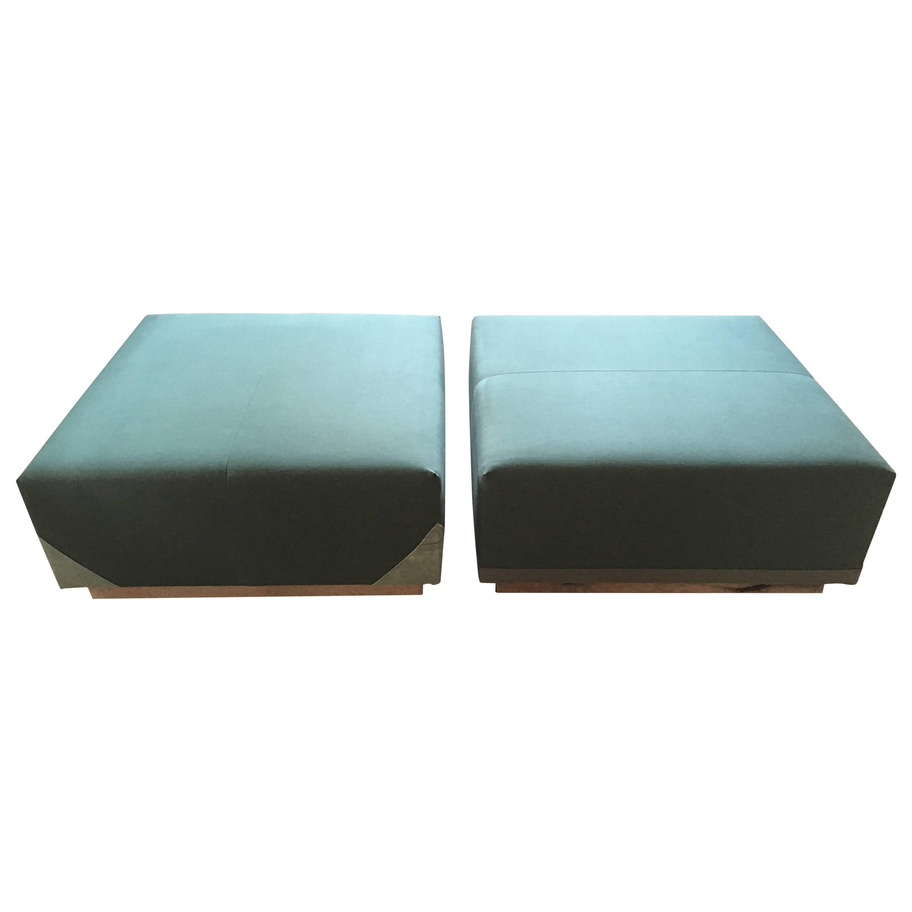 Coffee Table Ottomans Upholstered in Green Canvas on Custom Frame, Pair