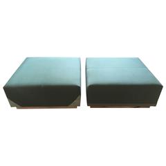 Coffee Table Ottomans Upholstered in Green Canvas on Custom Frame, Pair