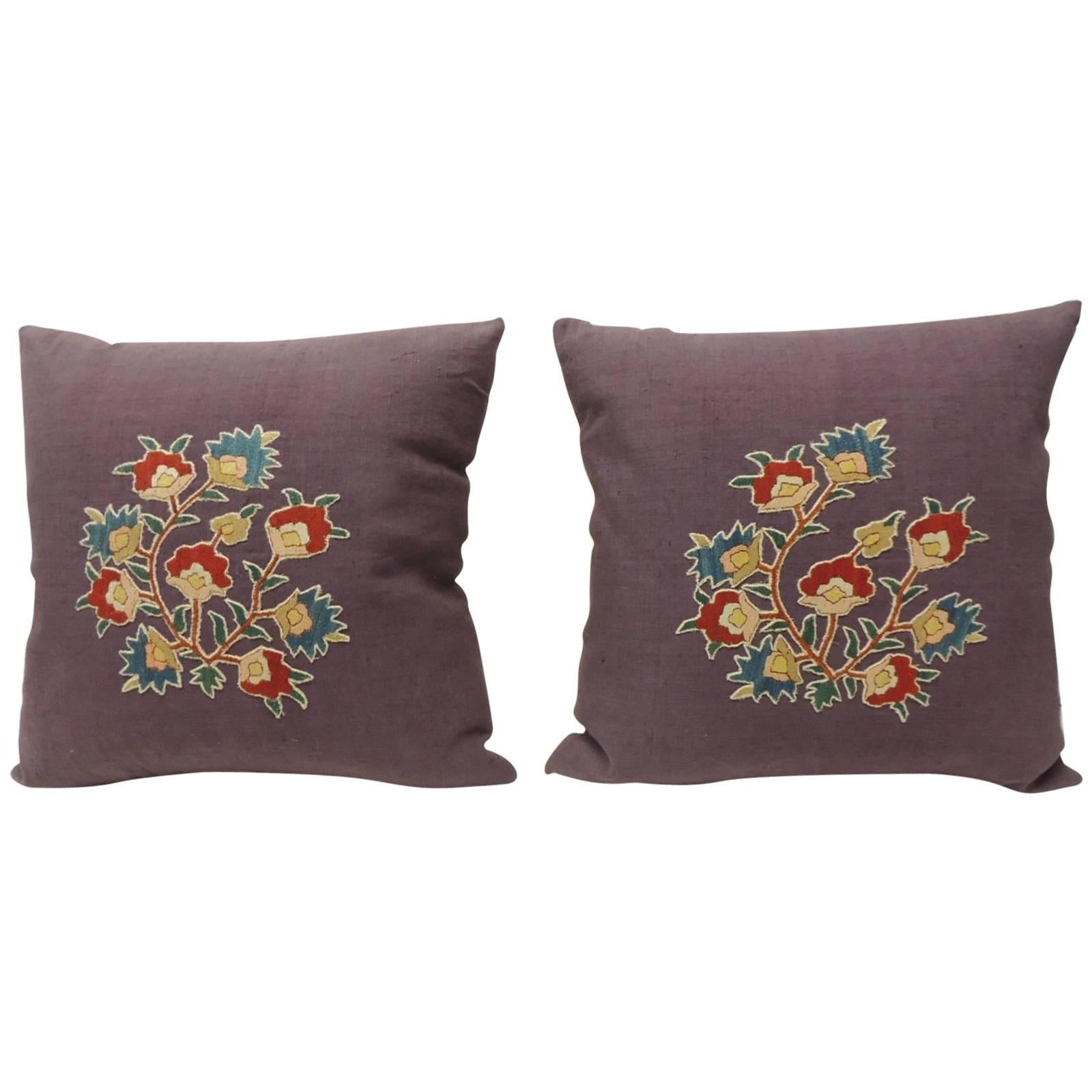 Pair of 19th c. Embroidery Hand Appliqué on Purple Linen Pillows