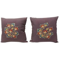 Pair of 19th Century Embroidery Hand Appliqué on Purple Linen Pillows 2