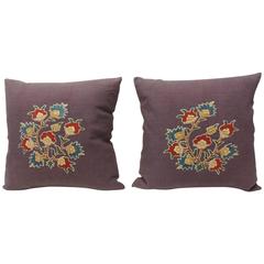 Pair of 19th c. Embroidery Hand Appliqué on Purple Linen Pillows