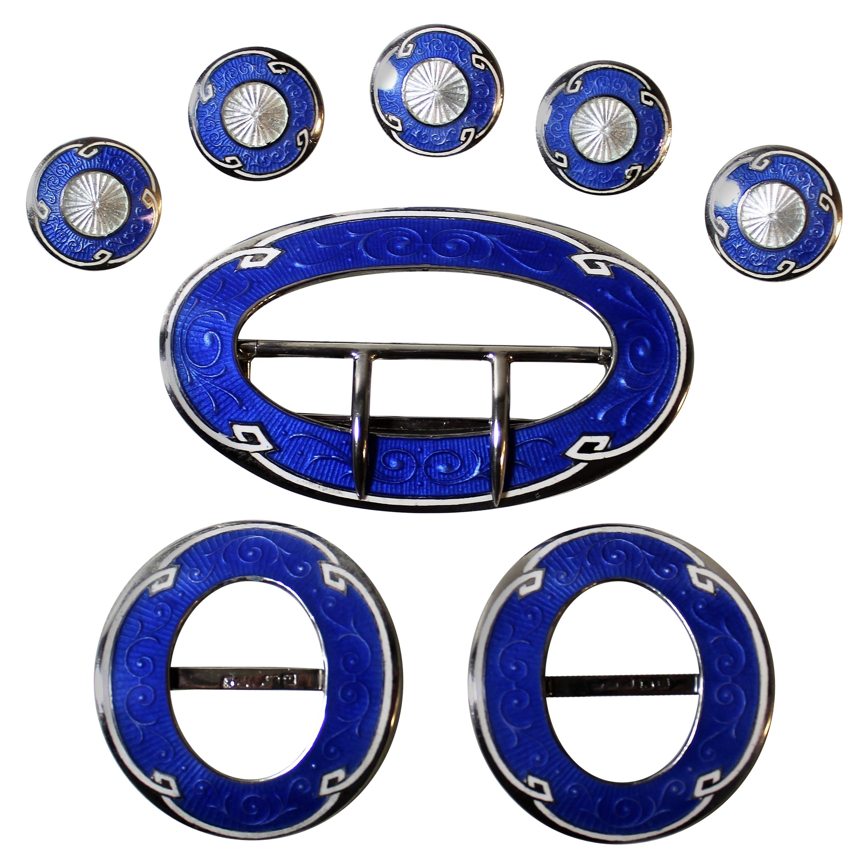 Henry Matthews Sterling Silver and Enamel Belt, Shoe Buckles and Button Set For Sale