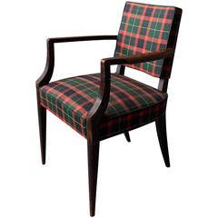 Fauteuil Art Déco français en bois de hêtre avec un tissu en tartan