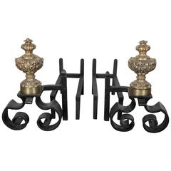 Pair of 19th Century Baroque Brass & Hand Forged Iron Chenets or Andirons