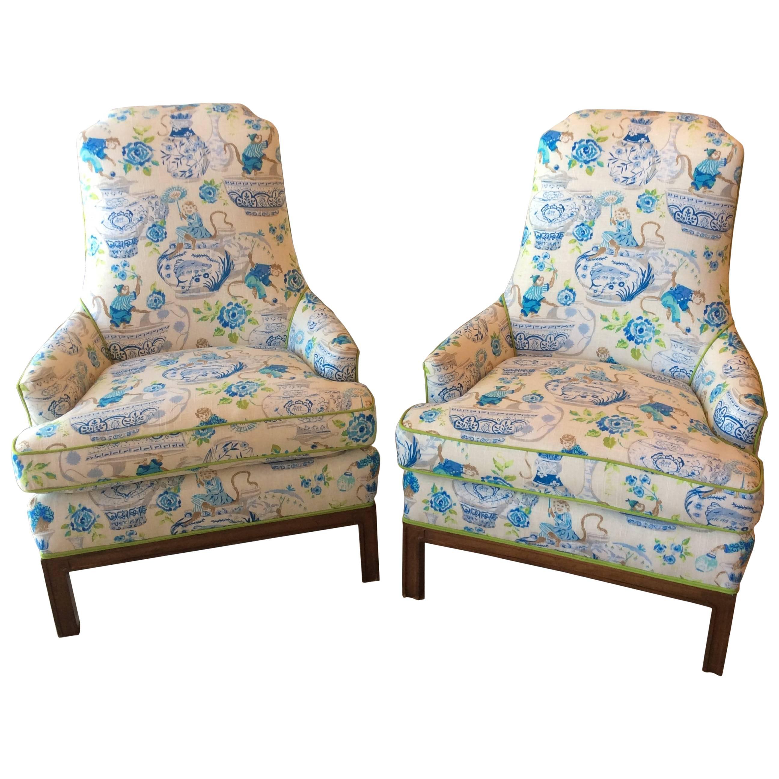 Pair of Mid-Century Modern Monkey Arm chairs Lounge Club Upholstered Chinoiserie