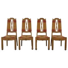 Set of Four Natural and Red Rush Side Chairs 1