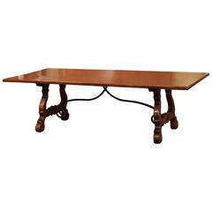 Large Early 20th Century Spanish Oak Table with Iron Stretcher and Carved Legs