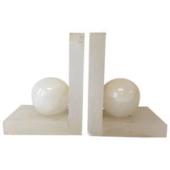 1920s Art Deco Alabaster Orb Bookends, Pair