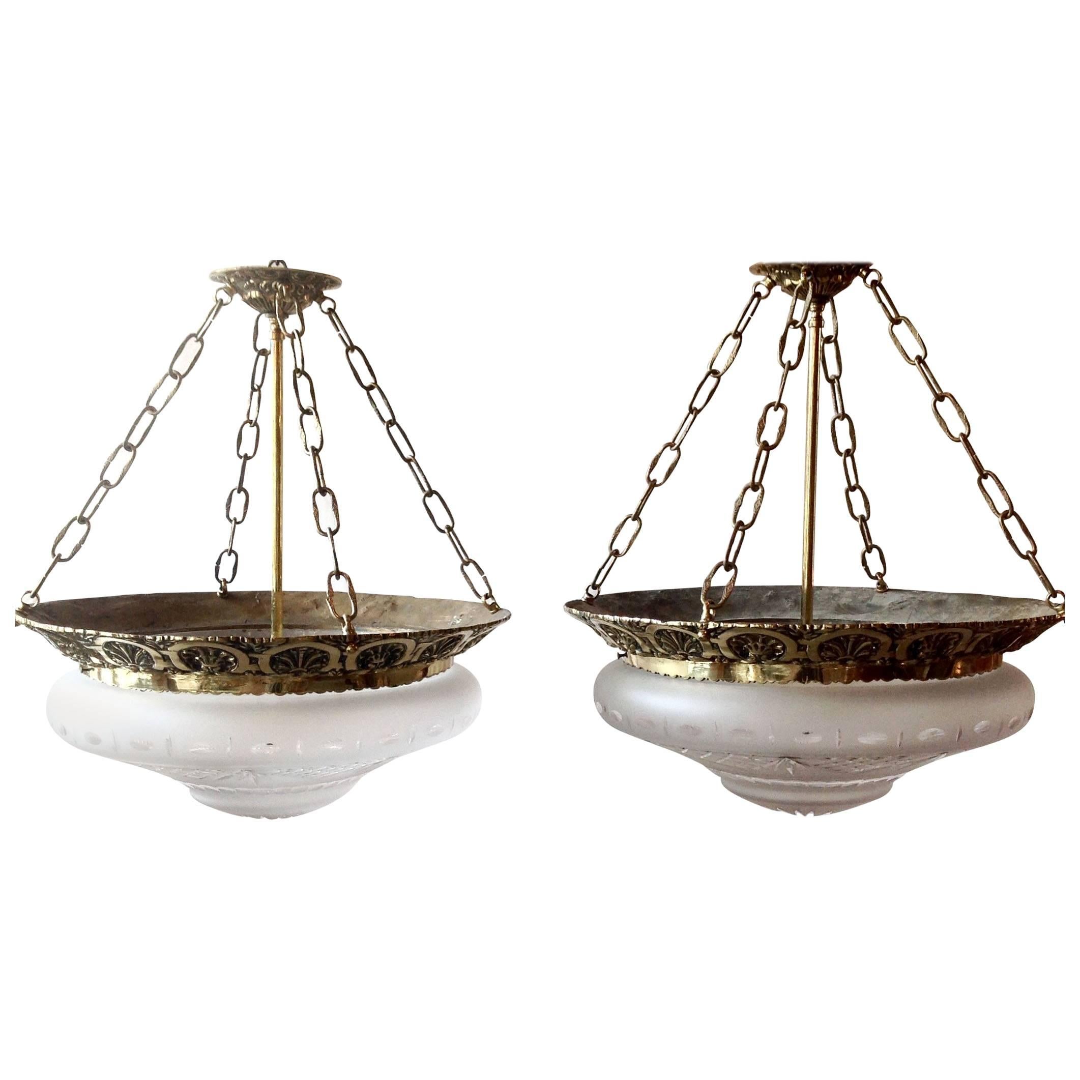 Pair of American 1920s Cast Brass with Crystal Bowl Chandeliers For Sale