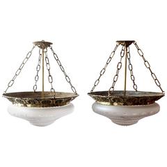 Antique Pair of American 1920s Cast Brass with Crystal Bowl Chandeliers