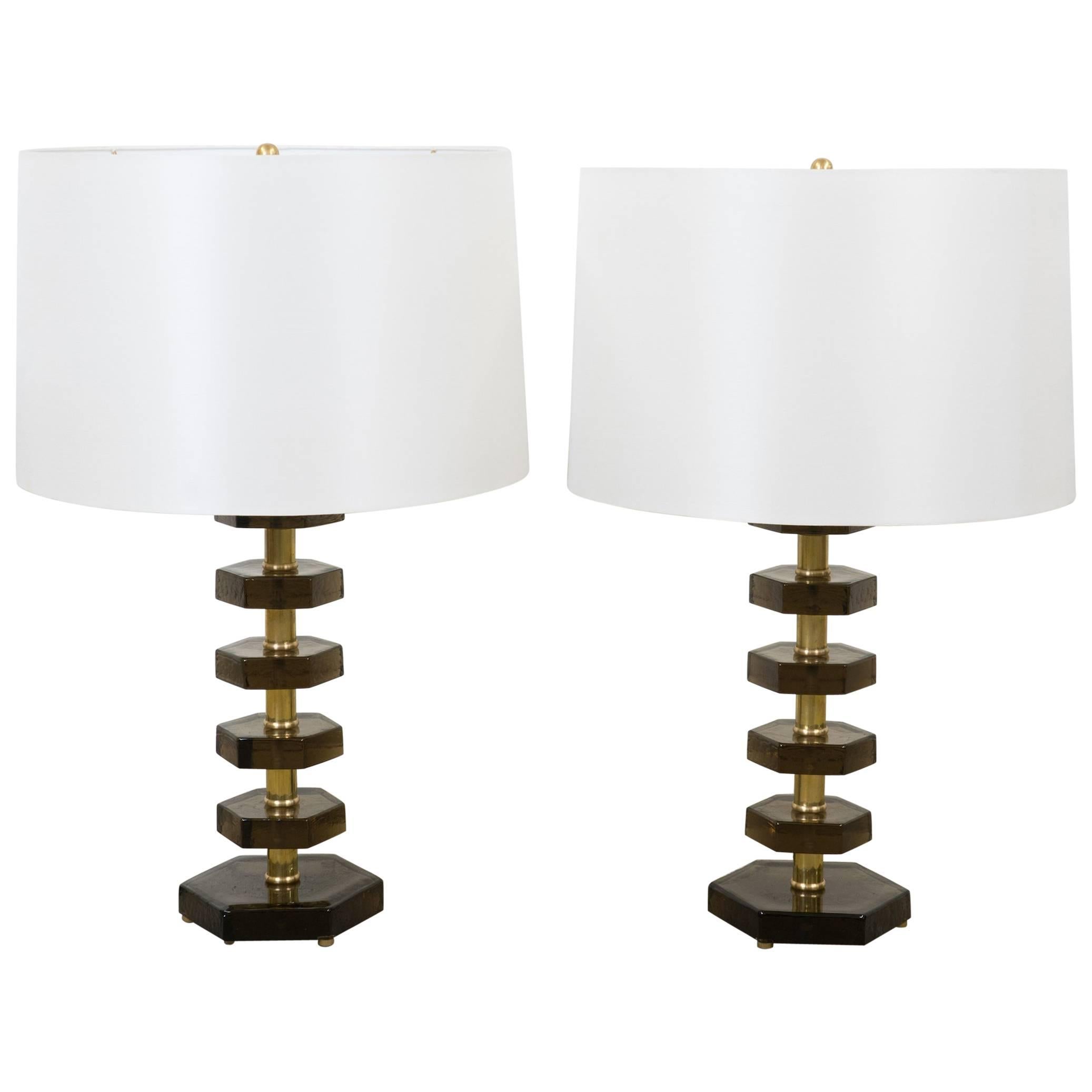 Pair of Italian 1960s Amber Glass Table Lamps