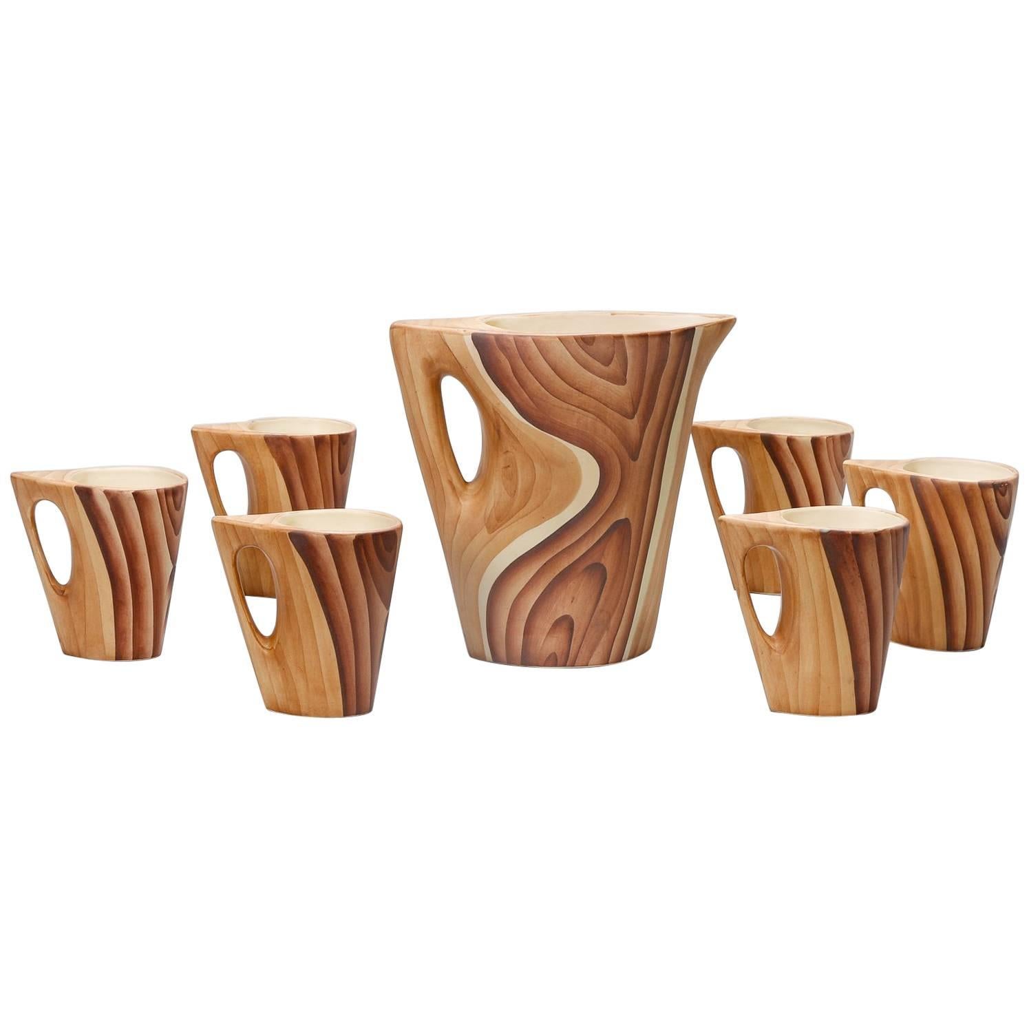 Vallauris Faux Bois Ceramic Pitcher with Six Mugs