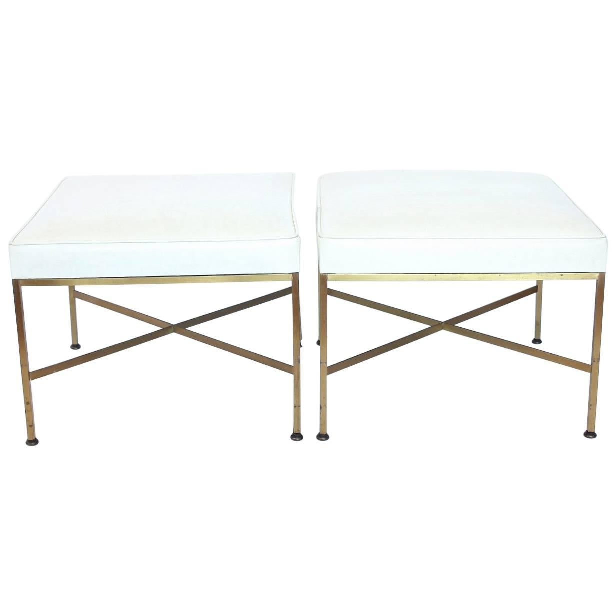 Pair of X-Base Brass and Leather Stools/Benches by Paul McCobb