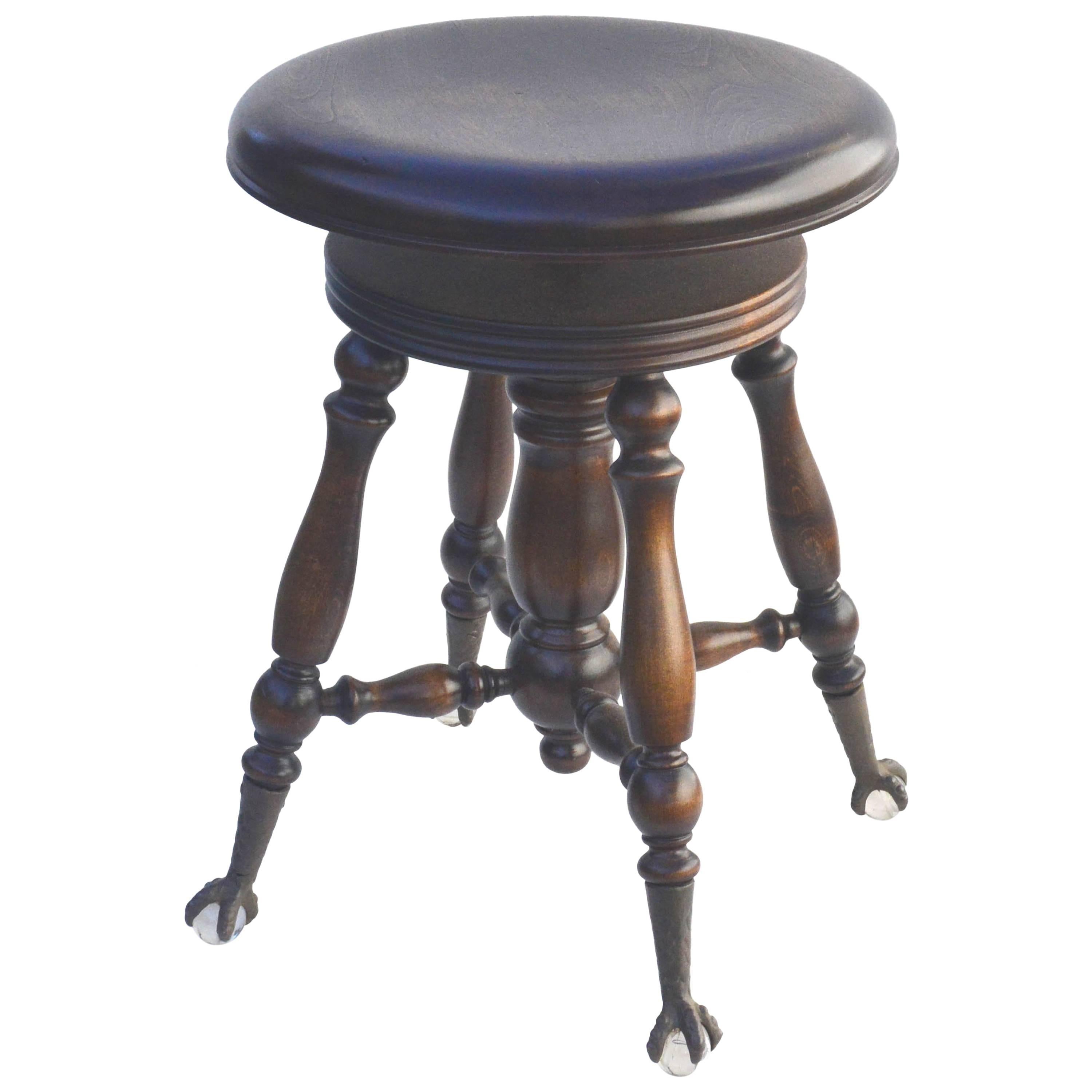 Late 19th Century Piano Stool with Claw and Ball Glass Feet