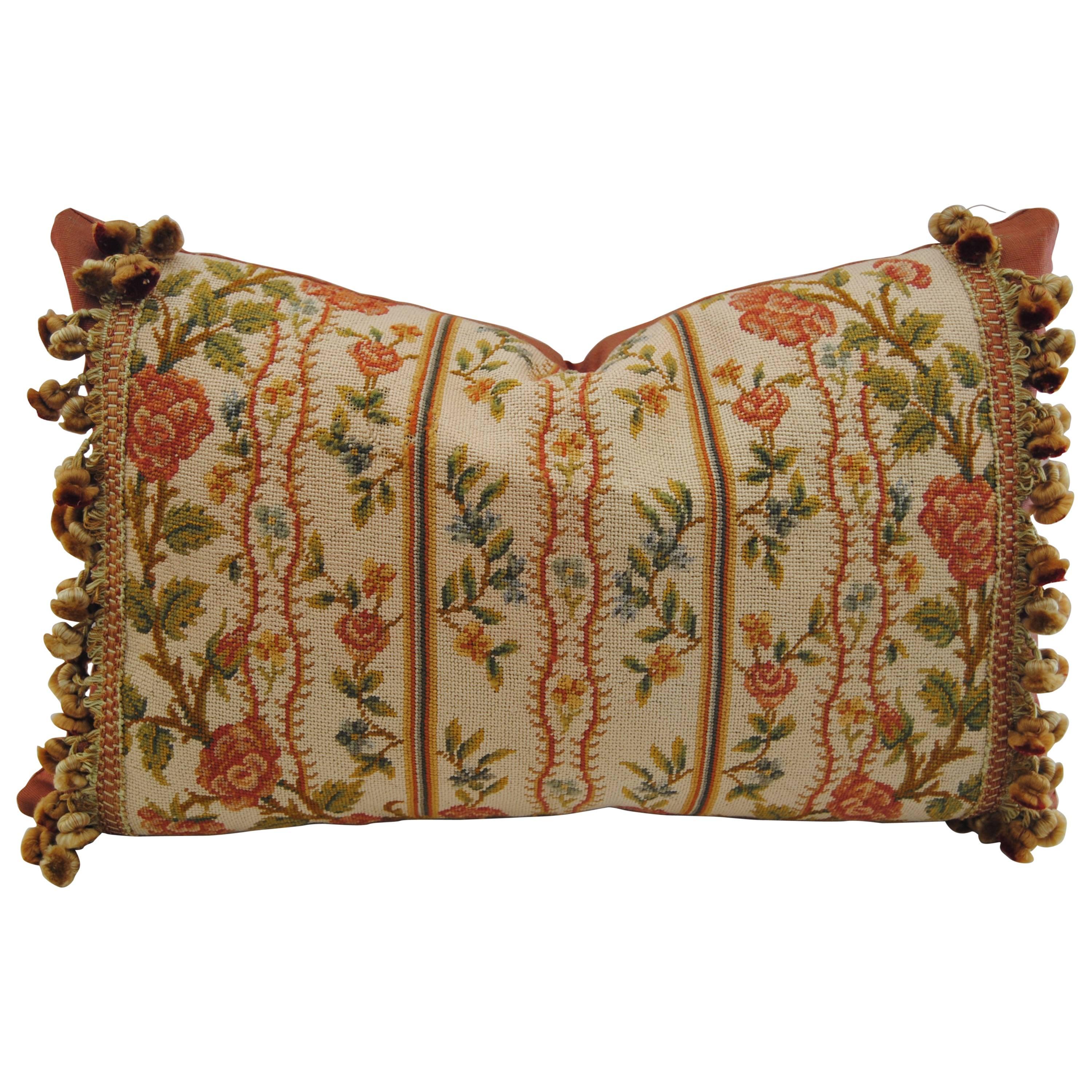 Antique French Needlepoint Pillow, Silk and Wool, Late 19th Century For Sale