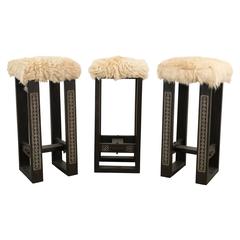 French Sheepskin Stools with Inlaid Wood Bases