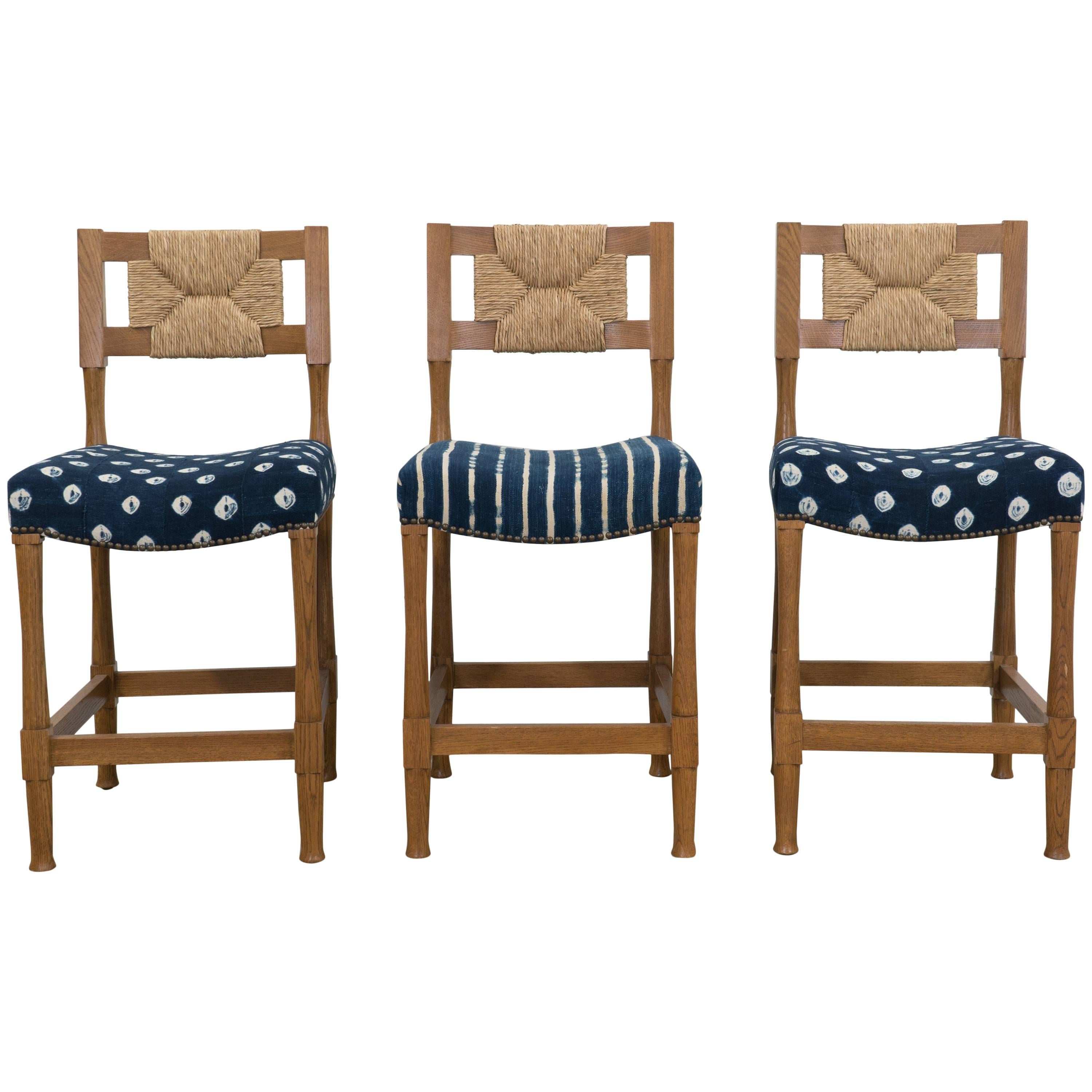 Hollywood at Home New York Athletic Club Bar Stools with Vintage Shibori Fabric