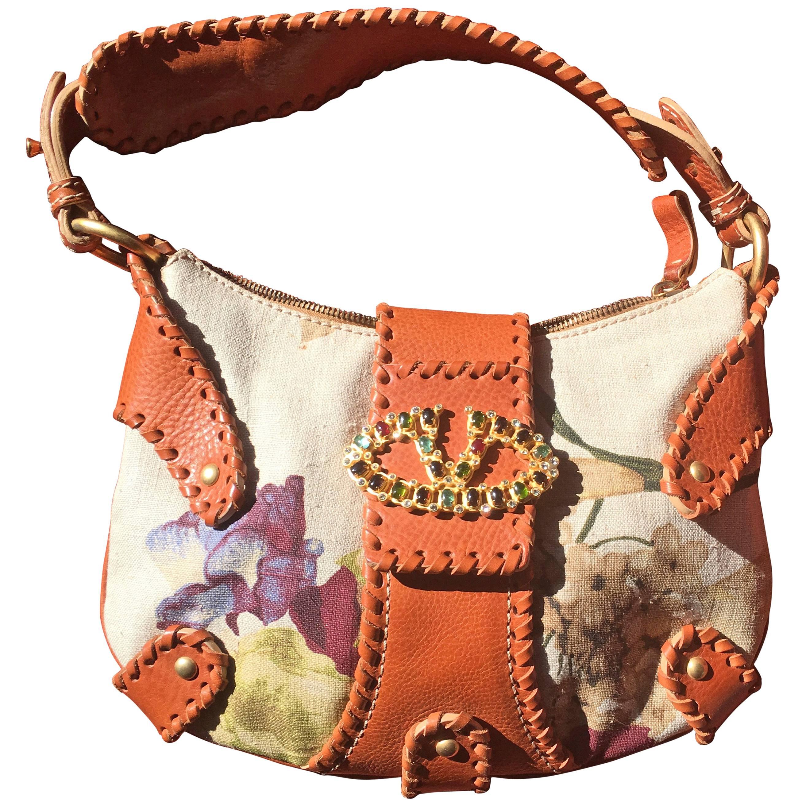 Chic Jeweled Valentino Floral Linen and Leather Handbag