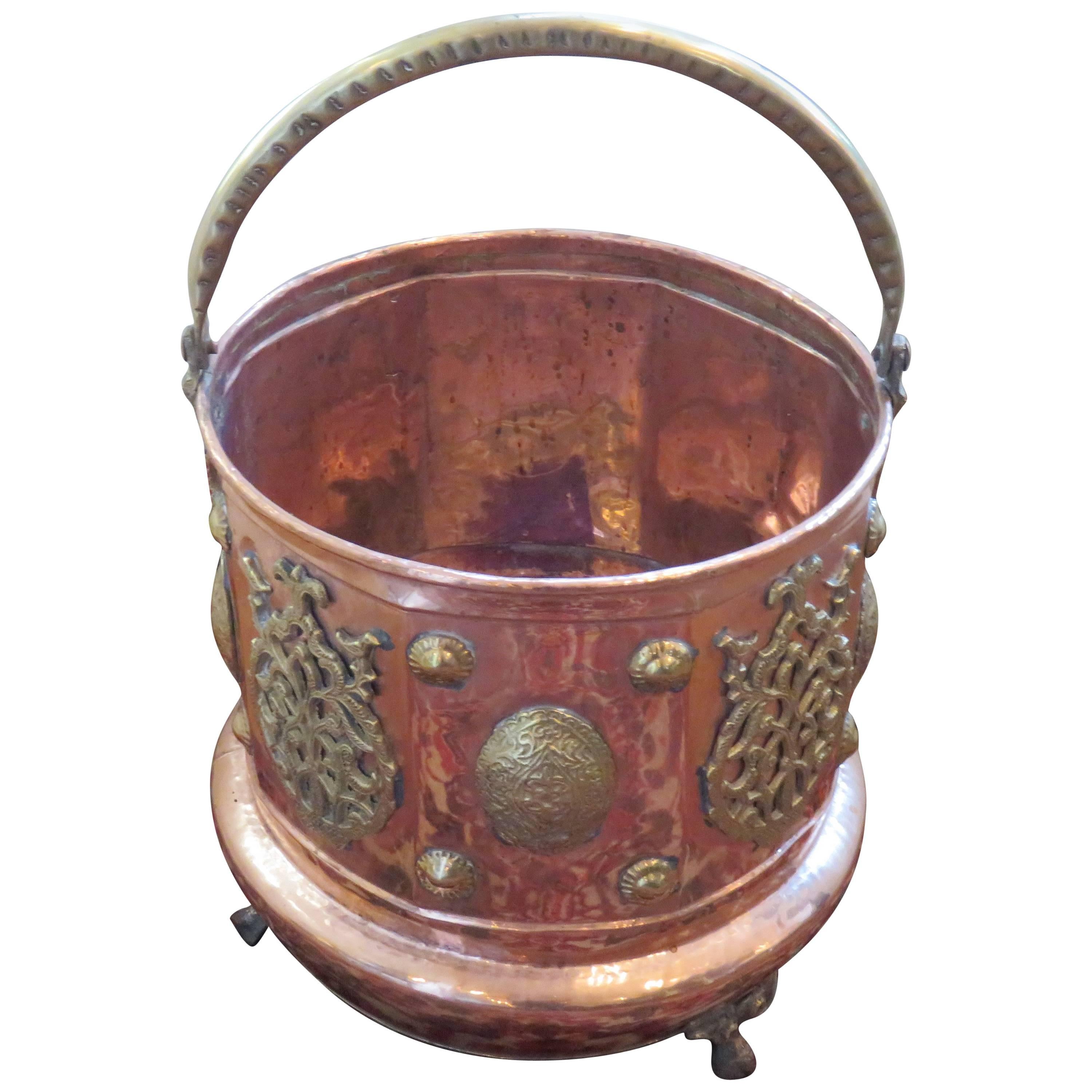 19th Century Hand-Hammered Copper and Brass Coal Bucket or Planter