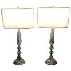 Pair of Vintage Green Glass Lamps