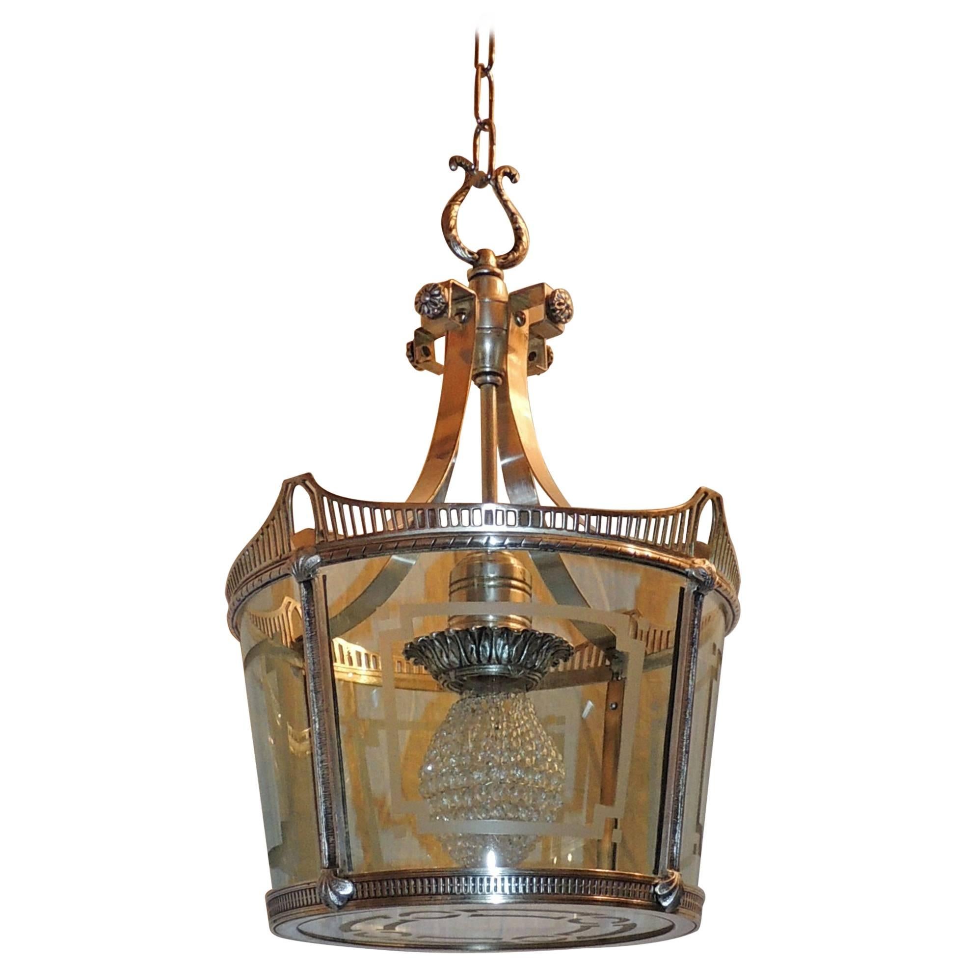 Wonderful Vintage Caldwell Art Deco Silver Bronze Lantern Etched Glass Fixture For Sale